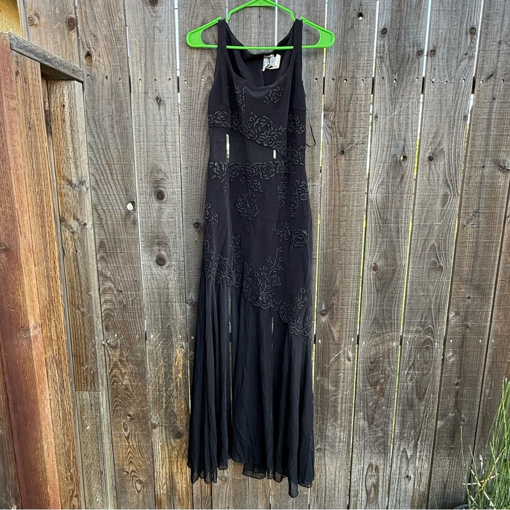 VINTAGE 90S Tadashi Shoji sz. M Sheer Cutout Full Length Gown Floral Embellished
